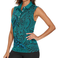 Hawaiian Whales Polynesian Art Motifs Women Sleeveless Polo Shirt Turquoise Color - Polynesian Pride
