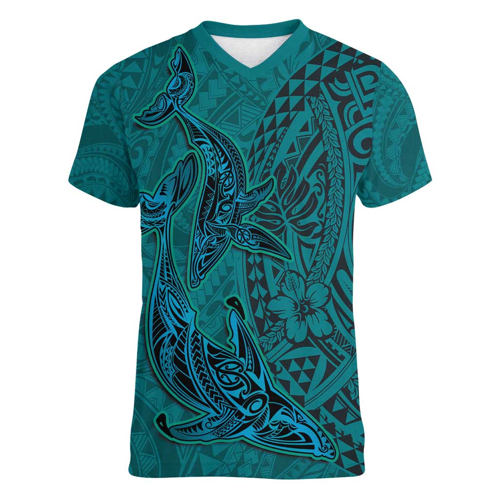 Hawaiian Whales Polynesian Art Motifs Women V-Neck T-Shirt Turquoise Color - Polynesian Pride