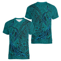 Hawaiian Whales Polynesian Art Motifs Women V-Neck T-Shirt Turquoise Color - Polynesian Pride