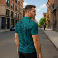 Hawaiian Whales Polynesian Art Motifs Zipper Polo Shirt Turquoise Color - Polynesian Pride