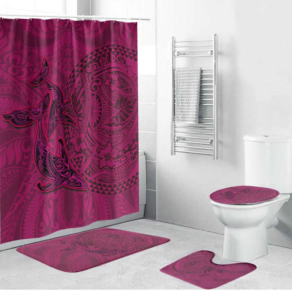 Hawaiian Whales Polynesian Art Motifs Bathroom Set Pink Color - Polynesian Pride