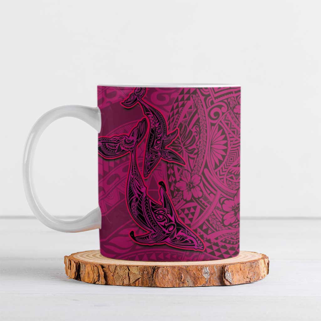 Hawaiian Whales Polynesian Art Motifs Ceramic Mug Pink Color - Polynesian Pride