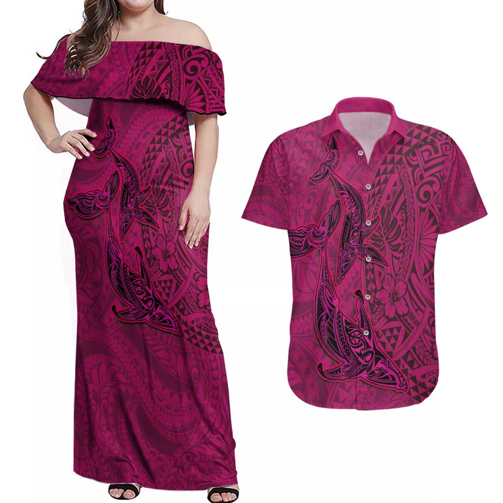 Hawaiian Whales Polynesian Art Motifs Couples Matching Off Shoulder Maxi Dress and Hawaiian Shirt Pink Color - Polynesian Pride