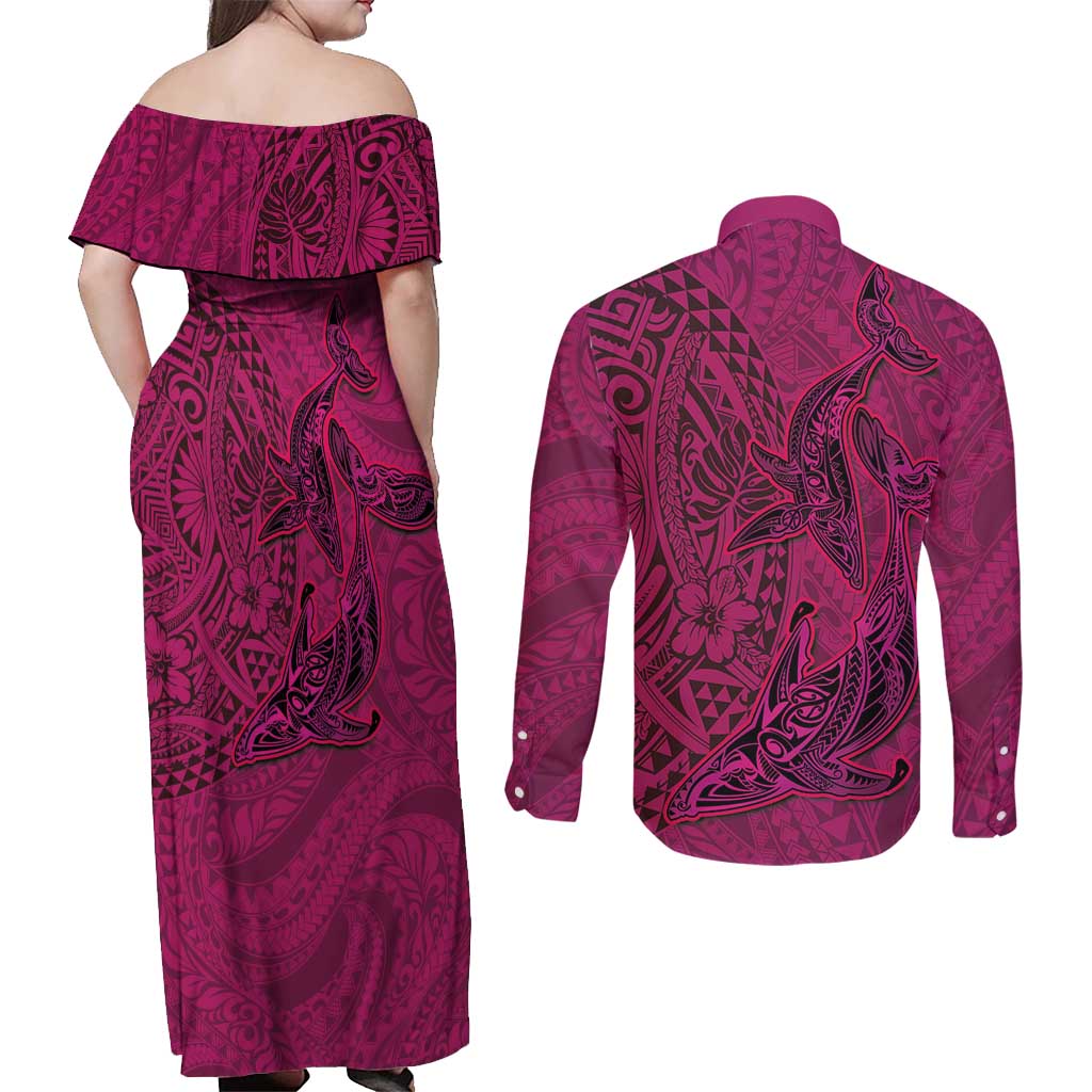 Hawaiian Whales Polynesian Art Motifs Couples Matching Off Shoulder Maxi Dress and Long Sleeve Button Shirt Pink Color - Polynesian Pride