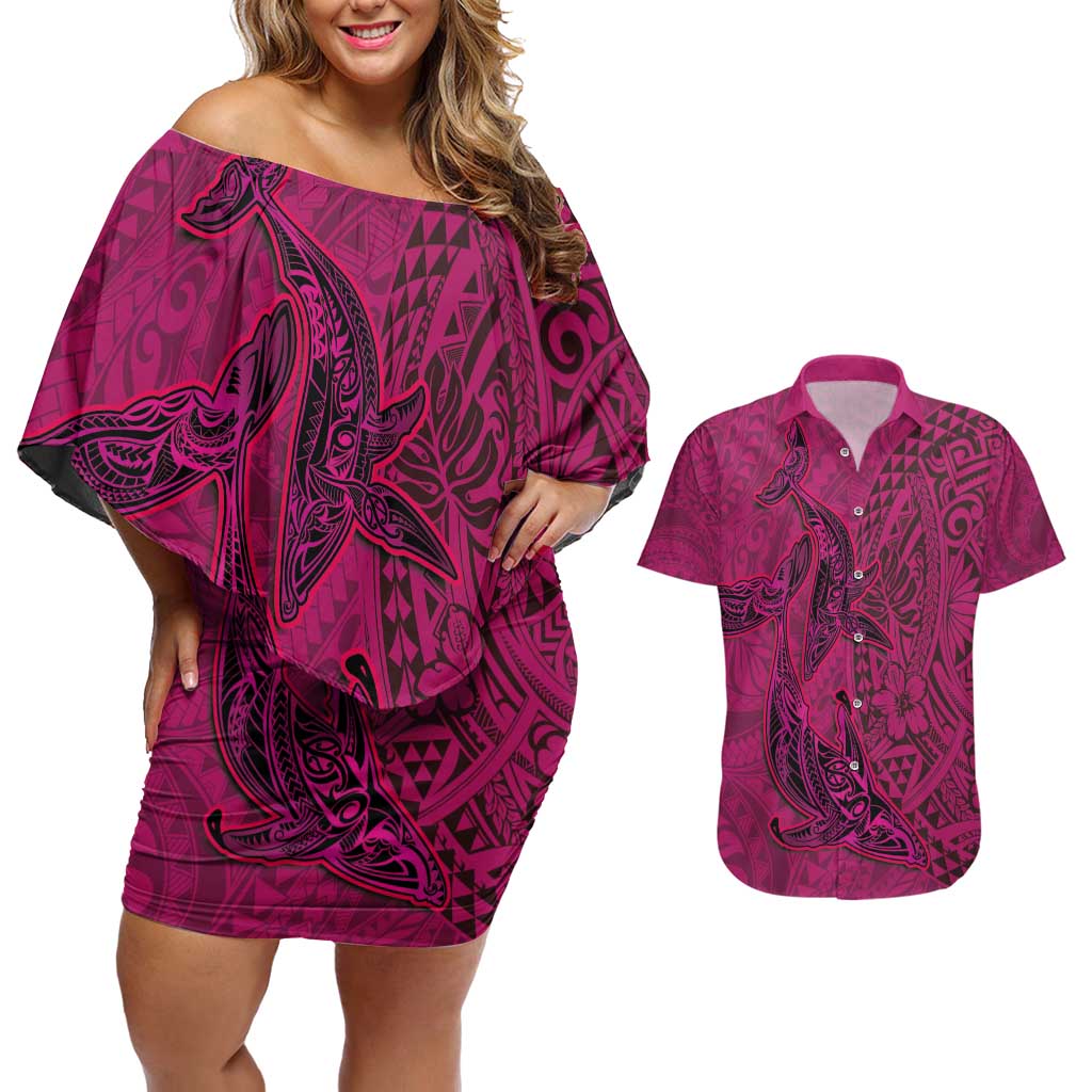 Hawaiian Whales Polynesian Art Motifs Couples Matching Off Shoulder Short Dress and Hawaiian Shirt Pink Color - Polynesian Pride