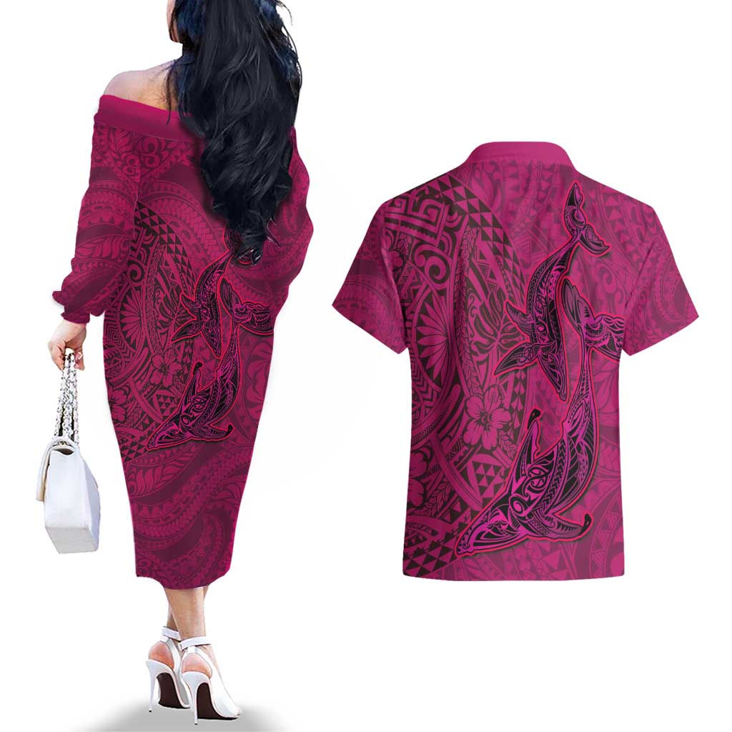Hawaiian Whales Polynesian Art Motifs Couples Matching Off The Shoulder Long Sleeve Dress and Hawaiian Shirt Pink Color - Polynesian Pride