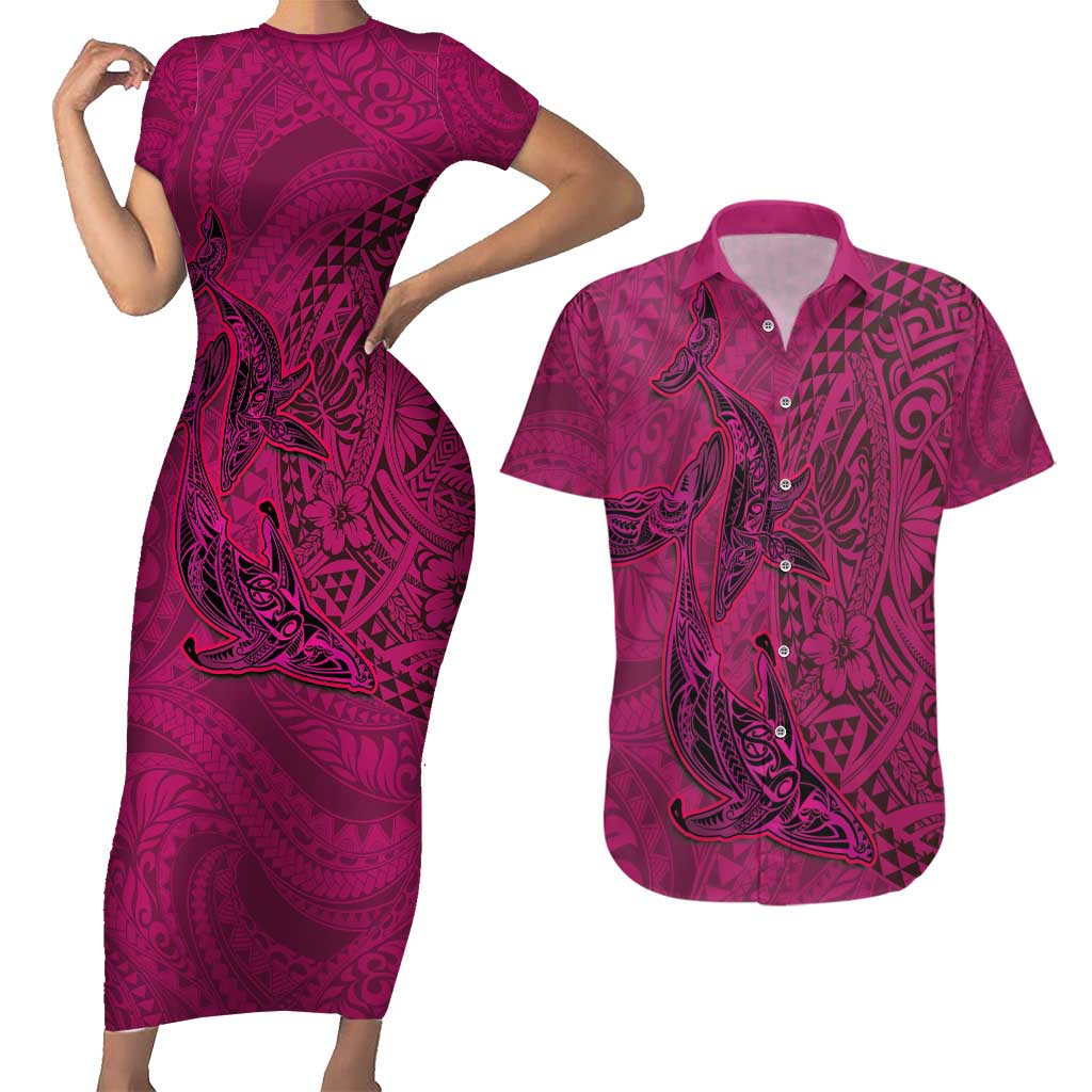Hawaiian Whales Polynesian Art Motifs Couples Matching Short Sleeve Bodycon Dress and Hawaiian Shirt Pink Color - Polynesian Pride