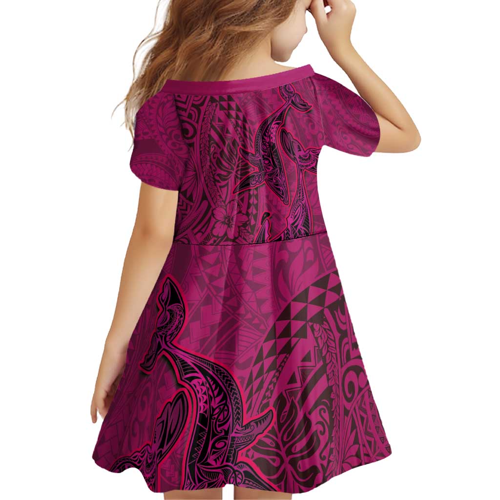 Hawaiian Whales Polynesian Art Motifs Family Matching Off Shoulder Short Dress and Hawaiian Shirt Pink Color - Polynesian Pride