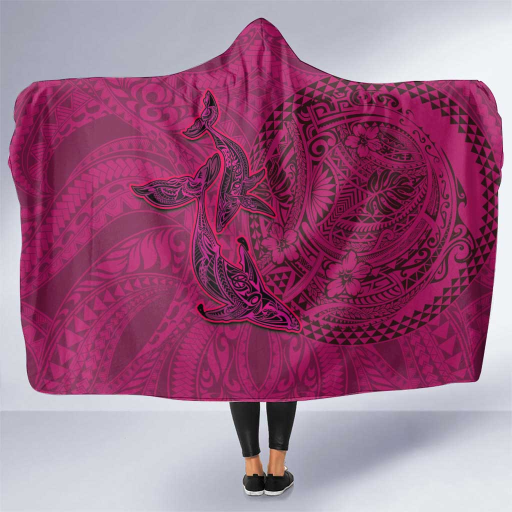 Hawaiian Whales Polynesian Art Motifs Hooded Blanket Pink Color - Polynesian Pride