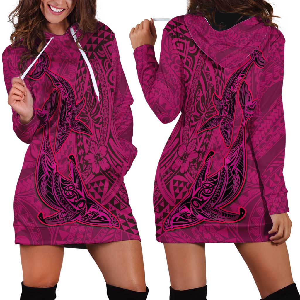 Hawaiian Whales Polynesian Art Motifs Hoodie Dress Pink Color - Polynesian Pride