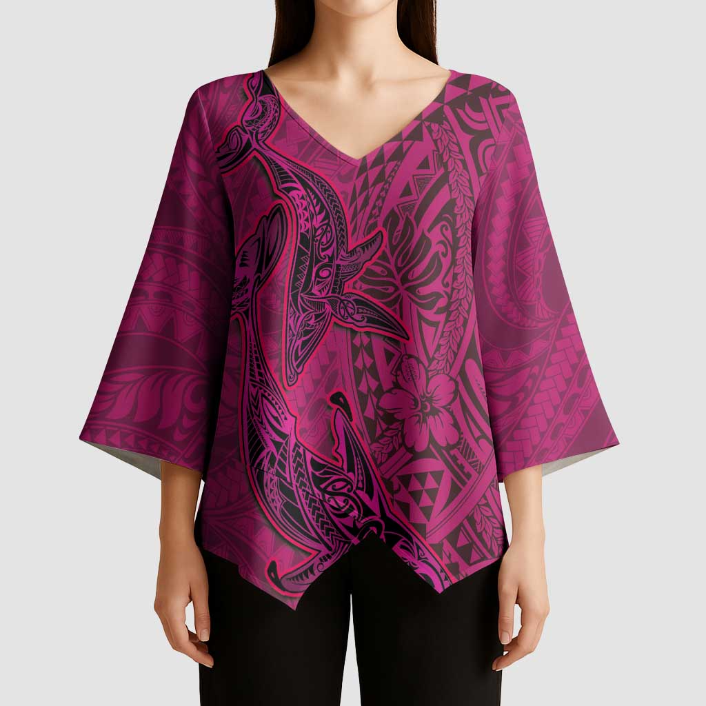 Hawaiian Whales Polynesian Art Motifs Kimono Sleeve Blouse Pink Color - Polynesian Pride