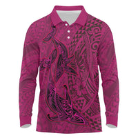 Hawaiian Whales Polynesian Art Motifs Long Sleeve Polo Shirt Pink Color - Polynesian Pride