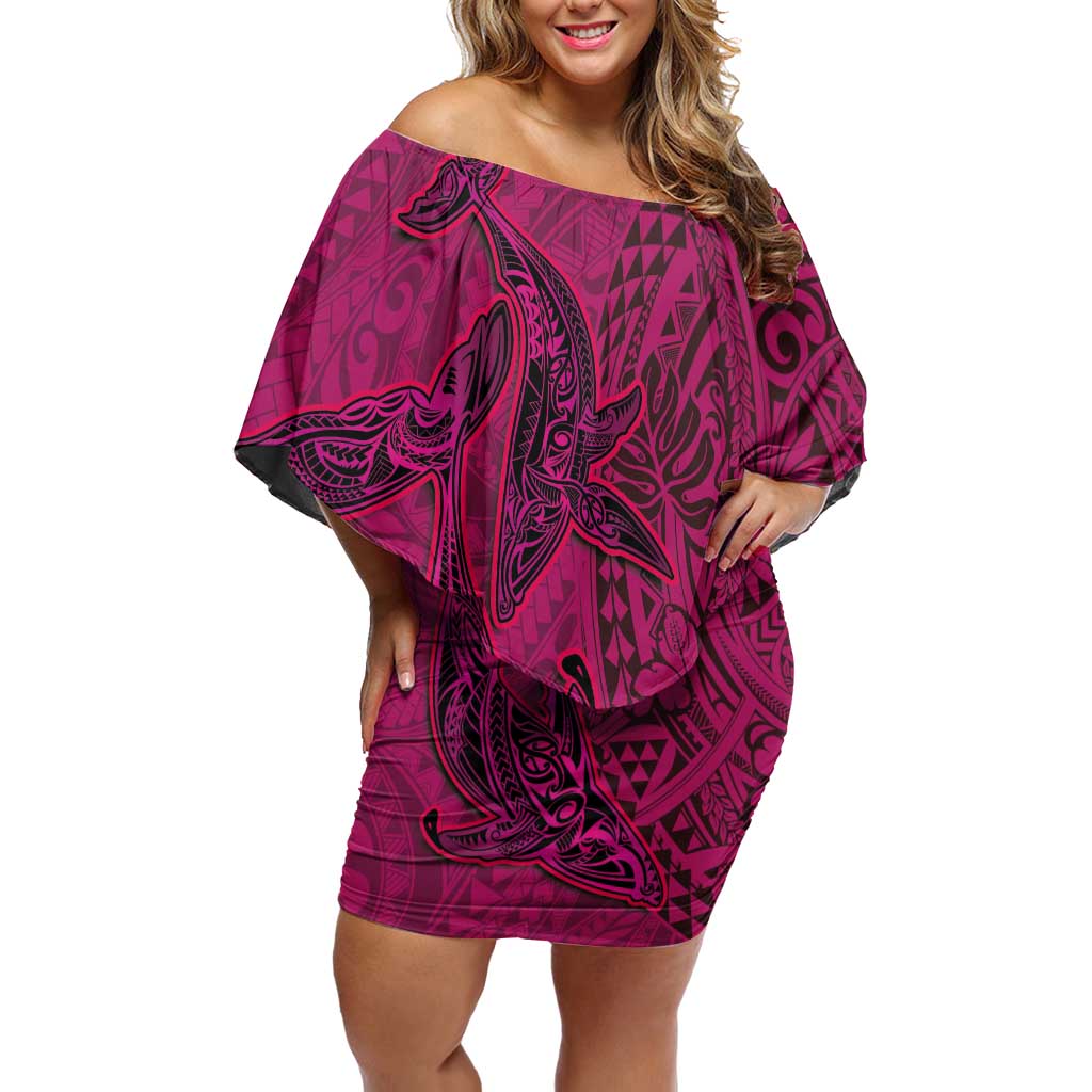 Hawaiian Whales Polynesian Art Motifs Off Shoulder Short Dress Pink Color - Polynesian Pride