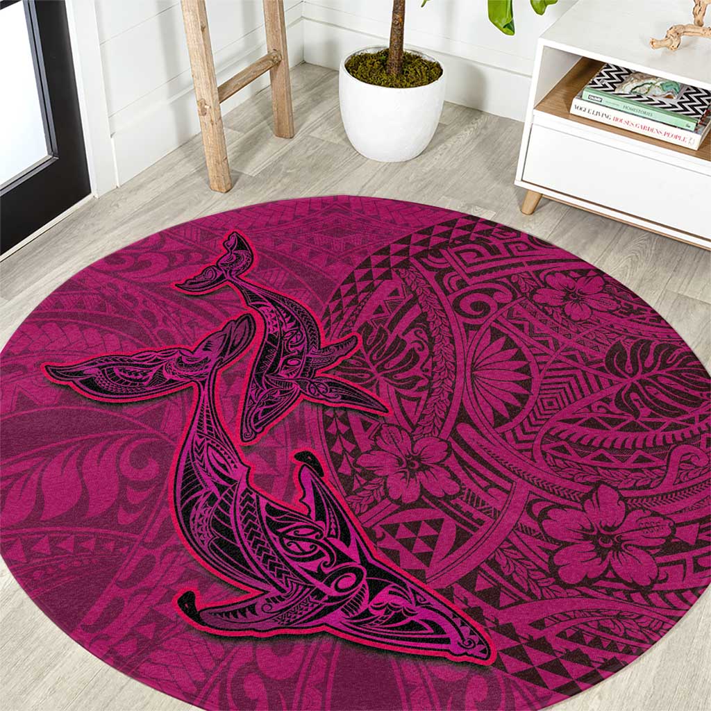 Hawaiian Whales Polynesian Art Motifs Round Carpet Pink Color - Polynesian Pride