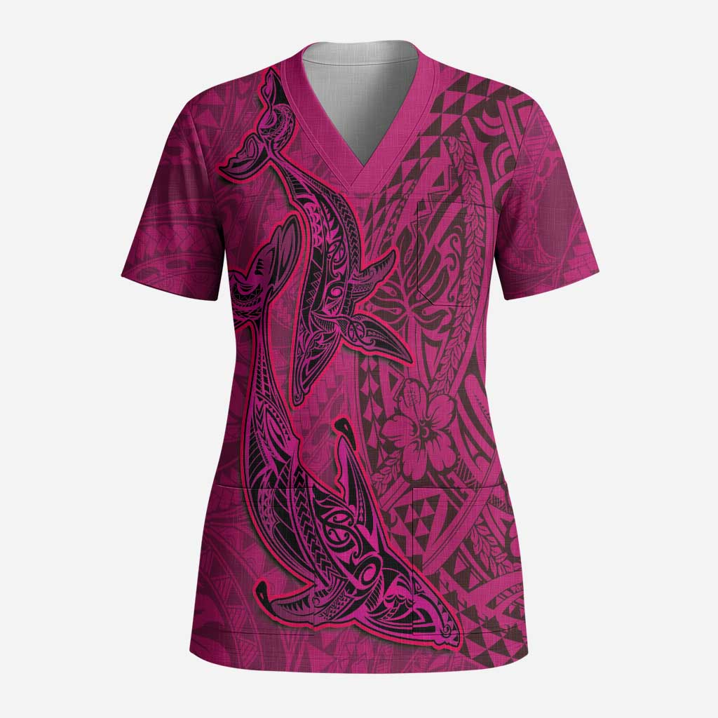 Hawaiian Whales Polynesian Art Motifs Scrub Top Pink Color - Polynesian Pride