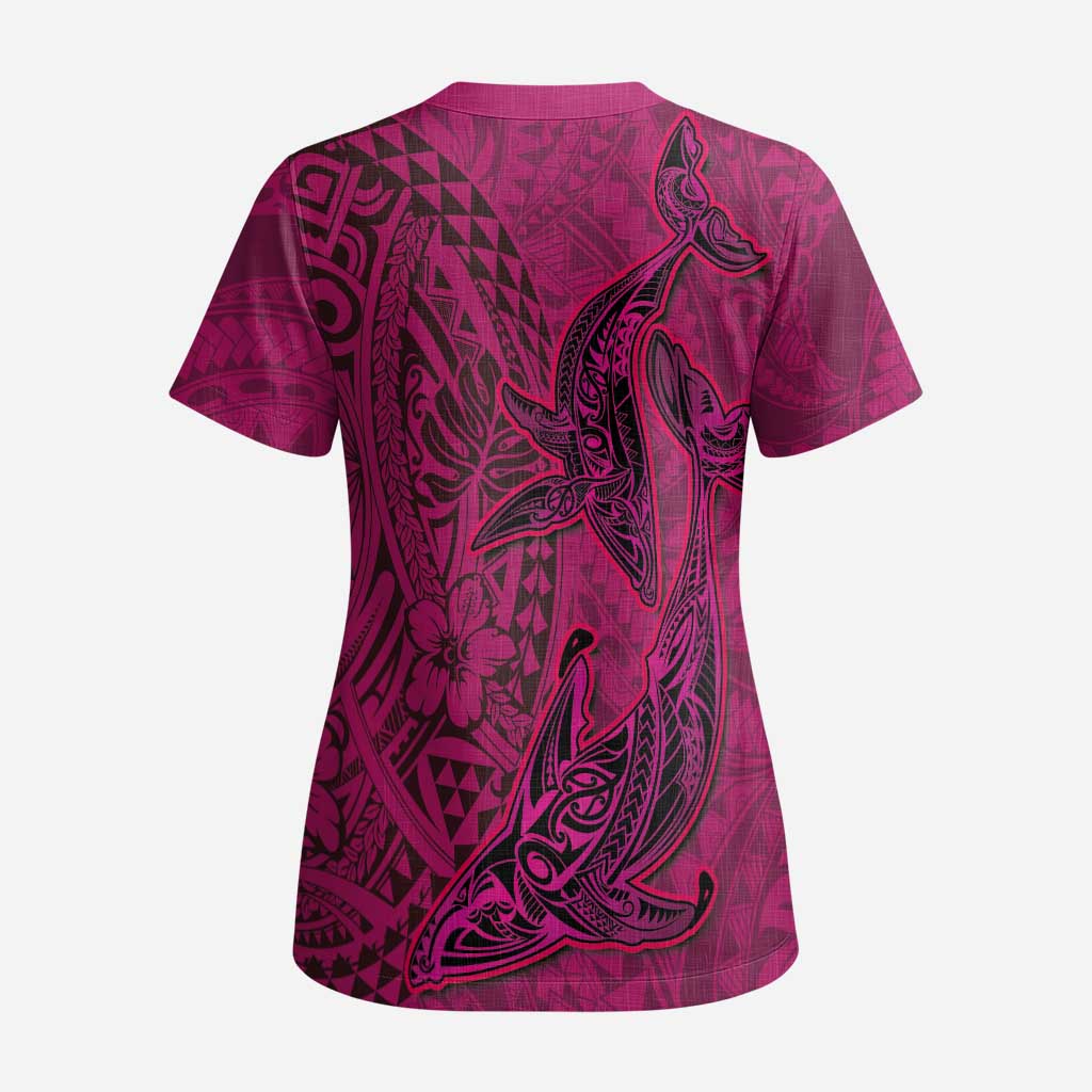 Hawaiian Whales Polynesian Art Motifs Scrub Top Pink Color - Polynesian Pride