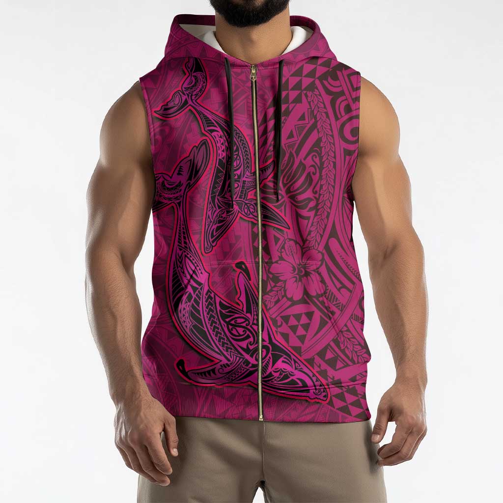 Hawaiian Whales Polynesian Art Motifs Sleeveless Zip Hoodie Pink Color - Polynesian Pride