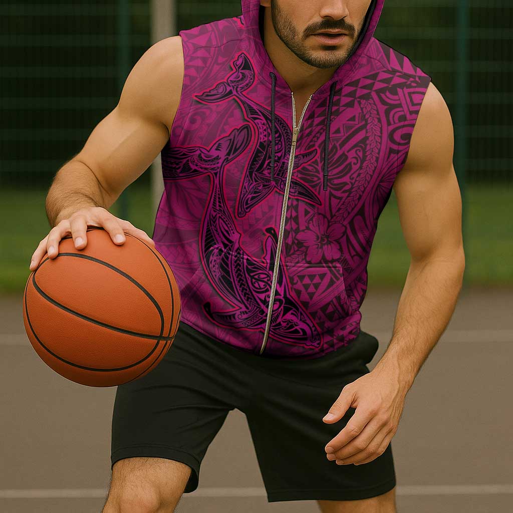 Hawaiian Whales Polynesian Art Motifs Sleeveless Zip Hoodie Pink Color - Polynesian Pride