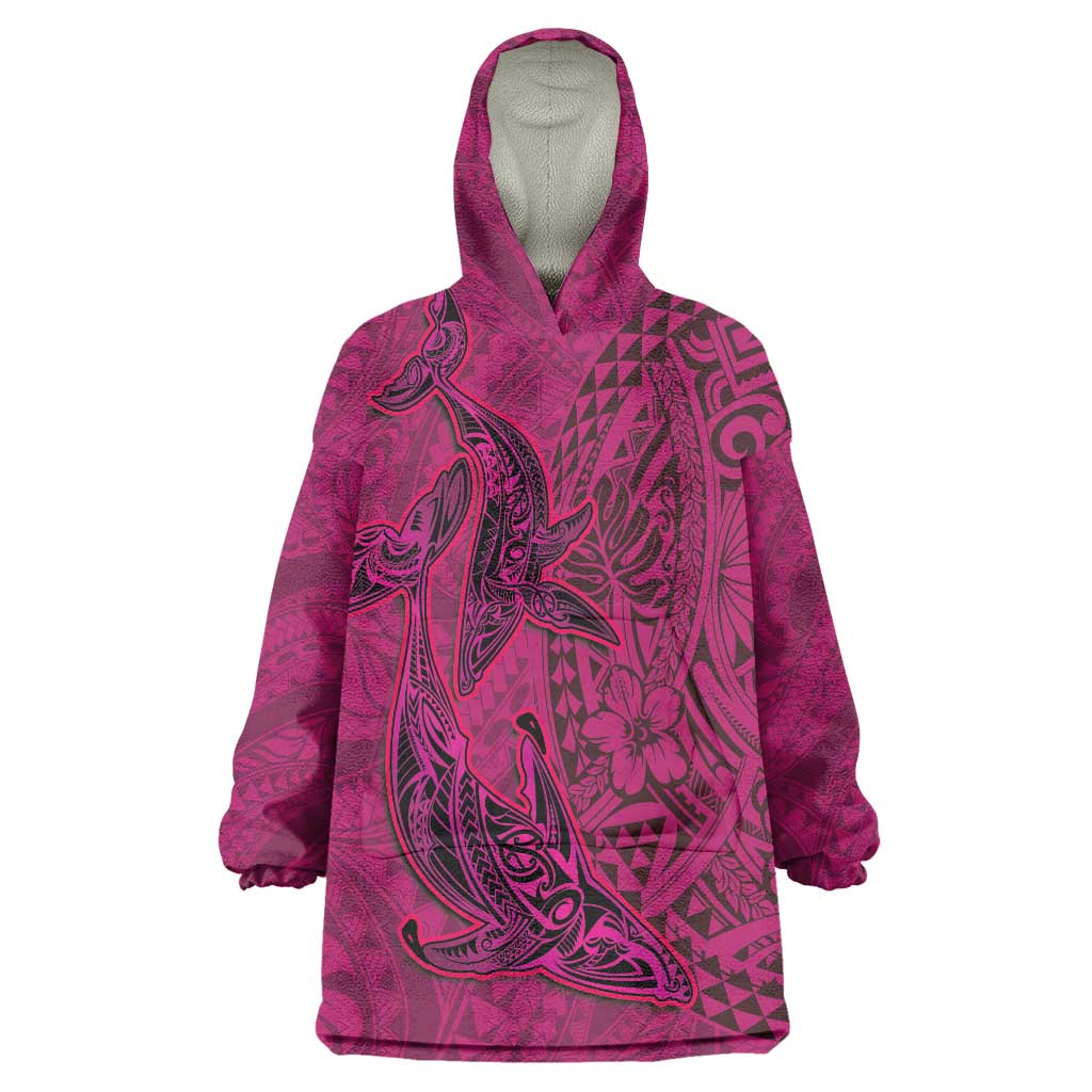 Hawaiian Whales Polynesian Art Motifs Wearable Blanket Hoodie Pink Color - Polynesian Pride