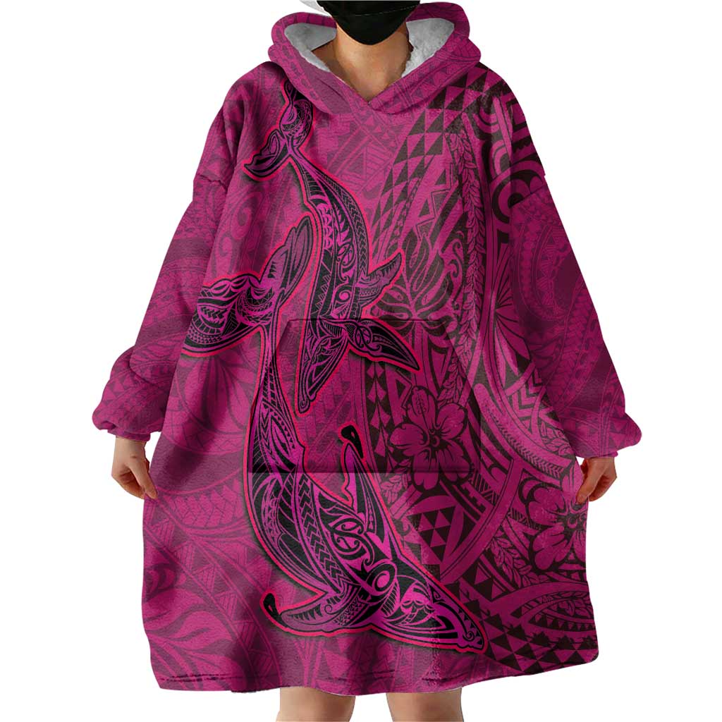 Hawaiian Whales Polynesian Art Motifs Wearable Blanket Hoodie Pink Color - Polynesian Pride