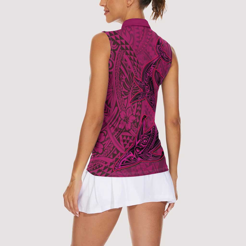 Hawaiian Whales Polynesian Art Motifs Women Sleeveless Polo Shirt Pink Color - Polynesian Pride