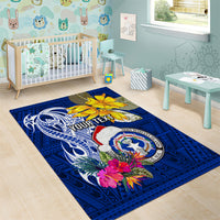 Custom Northern Mariana Islands Christmas Area Rug Funny Santa Hug Latte Stone Ylang-ylang and Polynesia Pattern Blue LT03 - Polynesian Pride