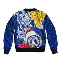 Custom Northern Mariana Islands Christmas Bomber Jacket Funny Santa Hug Latte Stone Ylang-ylang and Polynesia Pattern Blue LT03 - Polynesian Pride