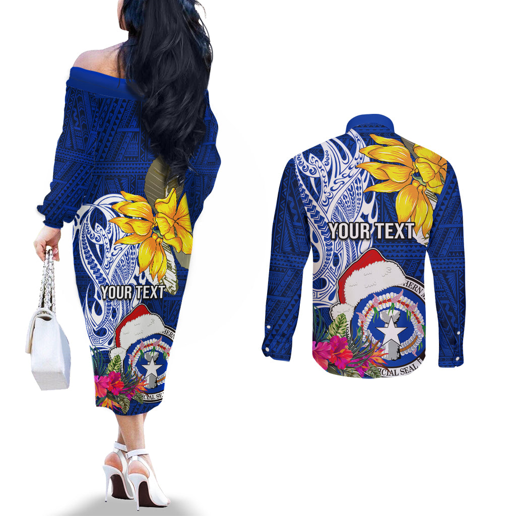 Custom Northern Mariana Islands Christmas Couples Matching Off The Shoulder Long Sleeve Dress and Long Sleeve Button Shirt Funny Santa Hug Latte Stone Ylang-ylang and Polynesia Pattern Blue LT03 - Polynesian Pride