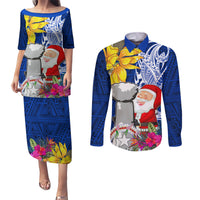Custom Northern Mariana Islands Christmas Couples Matching Puletasi Dress and Long Sleeve Button Shirt Funny Santa Hug Latte Stone Ylang-ylang and Polynesia Pattern Blue LT03 Blue - Polynesian Pride