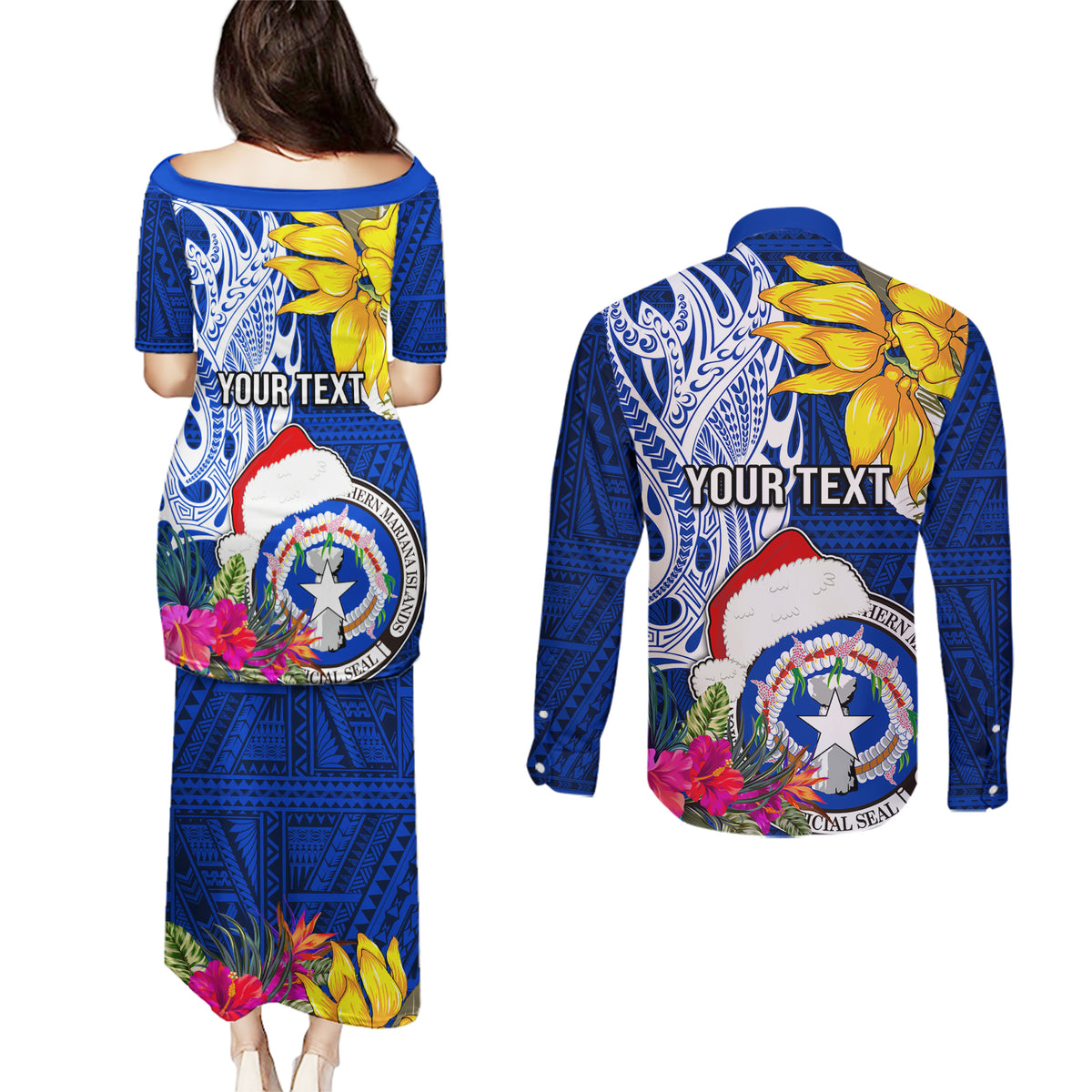 Custom Northern Mariana Islands Christmas Couples Matching Puletasi Dress and Long Sleeve Button Shirt Funny Santa Hug Latte Stone Ylang-ylang and Polynesia Pattern Blue LT03 - Polynesian Pride