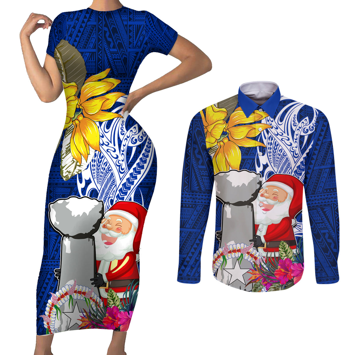 Custom Northern Mariana Islands Christmas Couples Matching Short Sleeve Bodycon Dress and Long Sleeve Button Shirt Funny Santa Hug Latte Stone Ylang-ylang and Polynesia Pattern Blue LT03 Blue - Polynesian Pride