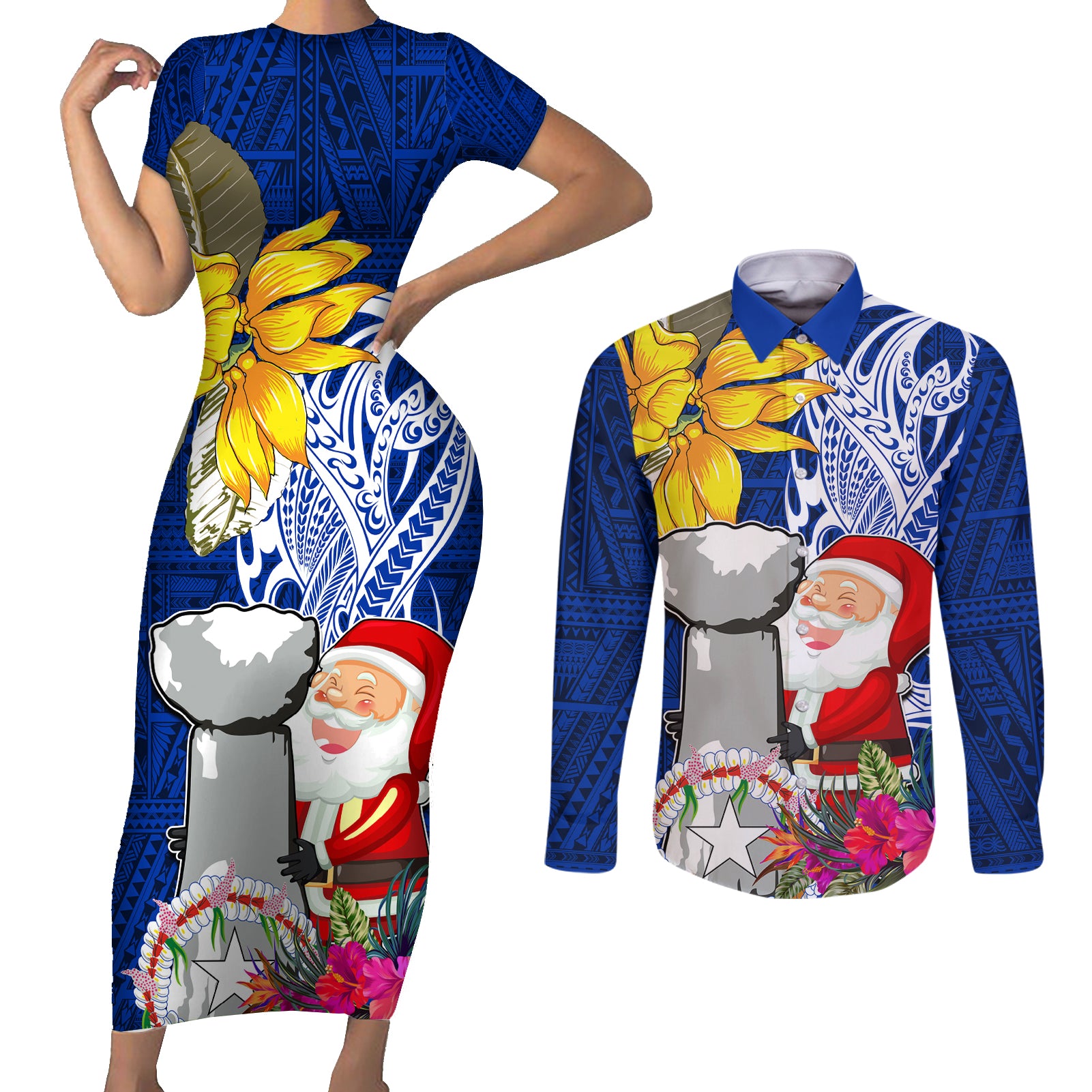 Custom Northern Mariana Islands Christmas Couples Matching Short Sleeve Bodycon Dress and Long Sleeve Button Shirt Funny Santa Hug Latte Stone Ylang-ylang and Polynesia Pattern Blue LT03 Blue - Polynesian Pride
