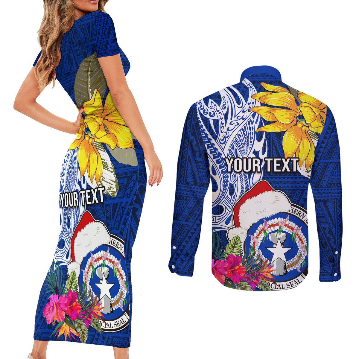 Custom Northern Mariana Islands Christmas Couples Matching Short Sleeve Bodycon Dress and Long Sleeve Button Shirt Funny Santa Hug Latte Stone Ylang-ylang and Polynesia Pattern Blue LT03 - Polynesian Pride