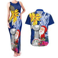 Custom Northern Mariana Islands Christmas Couples Matching Tank Maxi Dress and Hawaiian Shirt Funny Santa Hug Latte Stone Ylang-ylang and Polynesia Pattern Blue LT03 Blue - Polynesian Pride