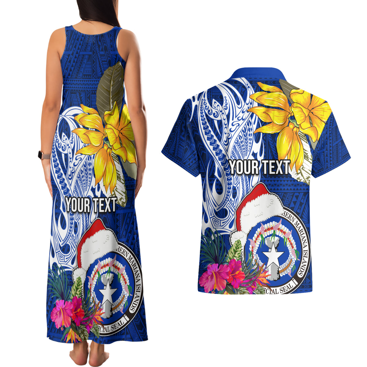 Custom Northern Mariana Islands Christmas Couples Matching Tank Maxi Dress and Hawaiian Shirt Funny Santa Hug Latte Stone Ylang-ylang and Polynesia Pattern Blue LT03 - Polynesian Pride
