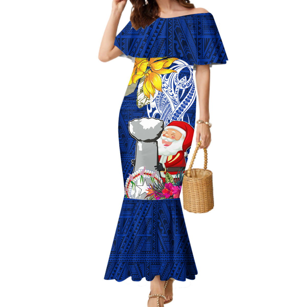 Custom Northern Mariana Islands Christmas Family Matching Mermaid Dress and Hawaiian Shirt Funny Santa Hug Latte Stone Ylang-ylang and Polynesia Pattern Blue LT03 Mom's Dress Blue - Polynesian Pride