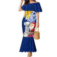 Custom Northern Mariana Islands Christmas Family Matching Mermaid Dress and Hawaiian Shirt Funny Santa Hug Latte Stone Ylang-ylang and Polynesia Pattern Blue LT03 Mom's Dress Blue - Polynesian Pride
