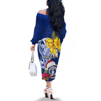 Custom Northern Mariana Islands Christmas Family Matching Off Shoulder Long Sleeve Dress and Hawaiian Shirt Funny Santa Hug Latte Stone Ylang-ylang and Polynesia Pattern Blue LT03 - Polynesian Pride