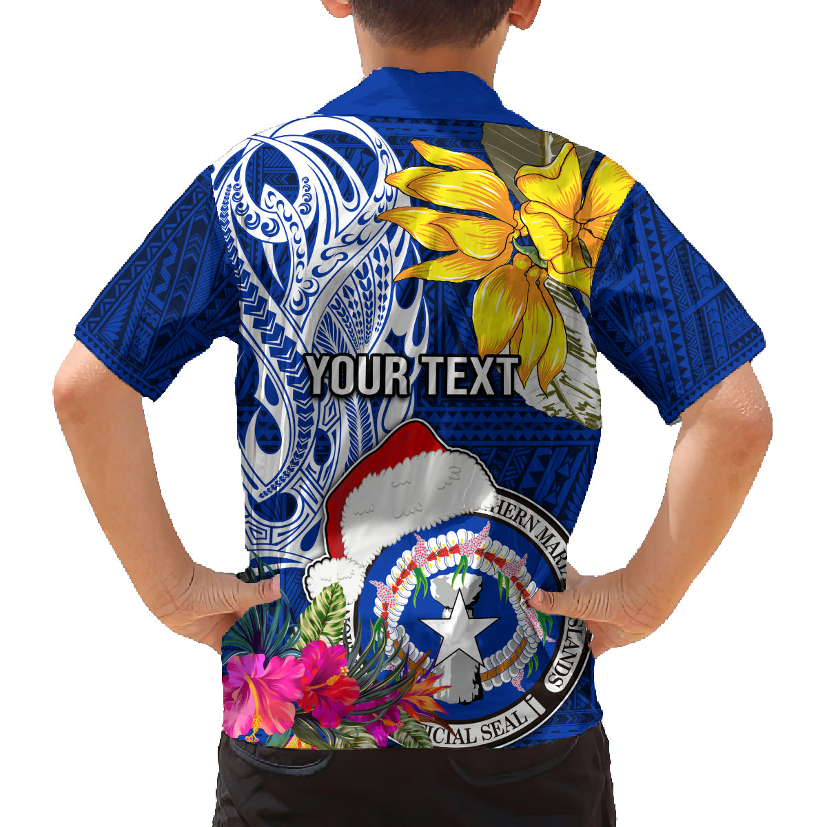 Custom Northern Mariana Islands Christmas Family Matching Puletasi Dress and Hawaiian Shirt Funny Santa Hug Latte Stone Ylang-ylang and Polynesia Pattern Blue LT03 - Polynesian Pride