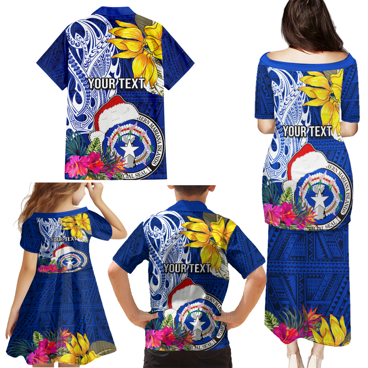 Custom Northern Mariana Islands Christmas Family Matching Puletasi Dress and Hawaiian Shirt Funny Santa Hug Latte Stone Ylang-ylang and Polynesia Pattern Blue LT03 - Polynesian Pride