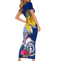 Custom Northern Mariana Islands Christmas Family Matching Short Sleeve Bodycon Dress and Hawaiian Shirt Funny Santa Hug Latte Stone Ylang-ylang and Polynesia Pattern Blue LT03 - Polynesian Pride
