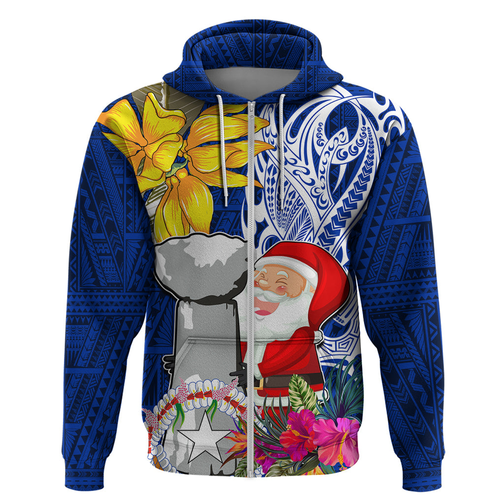 Custom Northern Mariana Islands Christmas Hoodie Funny Santa Hug Latte Stone Ylang-ylang and Polynesia Pattern Blue LT03 Zip Hoodie Blue - Polynesian Pride
