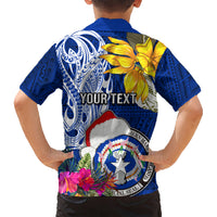 Custom Northern Mariana Islands Christmas Kid Hawaiian Shirt Funny Santa Hug Latte Stone Ylang-ylang and Polynesia Pattern Blue LT03 - Polynesian Pride