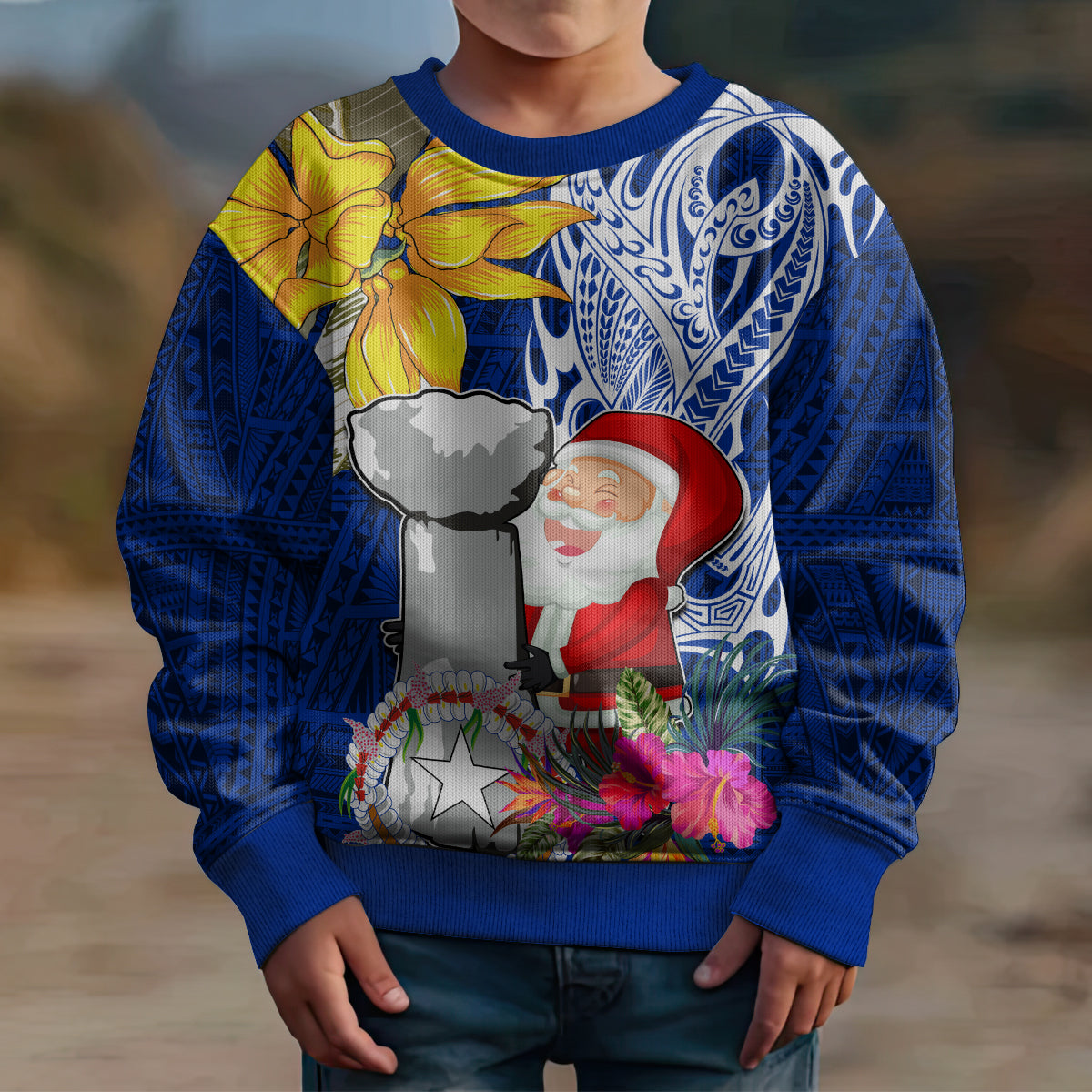 Custom Northern Mariana Islands Christmas Kid Ugly Christmas Sweater Funny Santa Hug Latte Stone Ylang-ylang and Polynesia Pattern Blue LT03 - Polynesian Pride