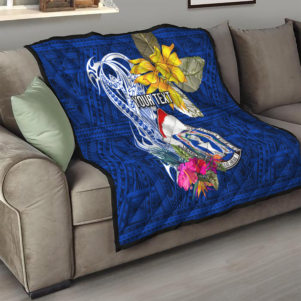 Custom Northern Mariana Islands Christmas Quilt Funny Santa Hug Latte Stone Ylang-ylang and Polynesia Pattern Blue LT03 - Polynesian Pride