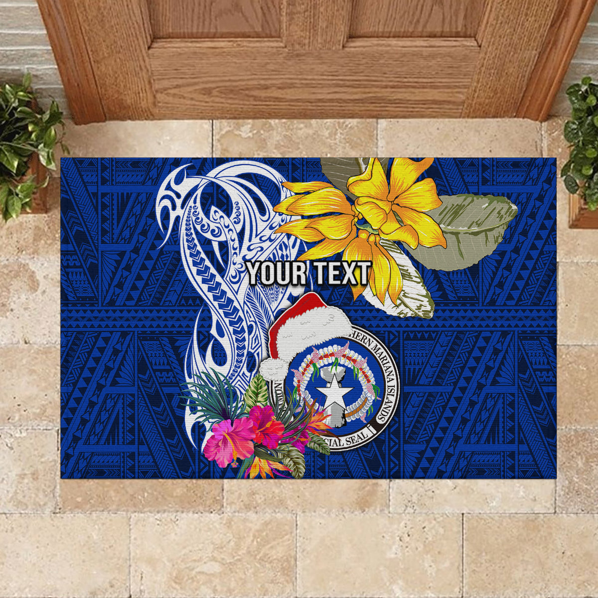 Custom Northern Mariana Islands Christmas Rubber Doormat Funny Santa Hug Latte Stone Ylang-ylang and Polynesia Pattern Blue LT03 - Polynesian Pride