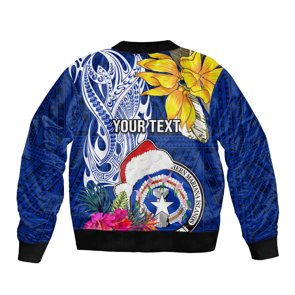 Custom Northern Mariana Islands Christmas Sleeve Zip Bomber Jacket Funny Santa Hug Latte Stone Ylang-ylang and Polynesia Pattern Blue LT03 - Polynesian Pride