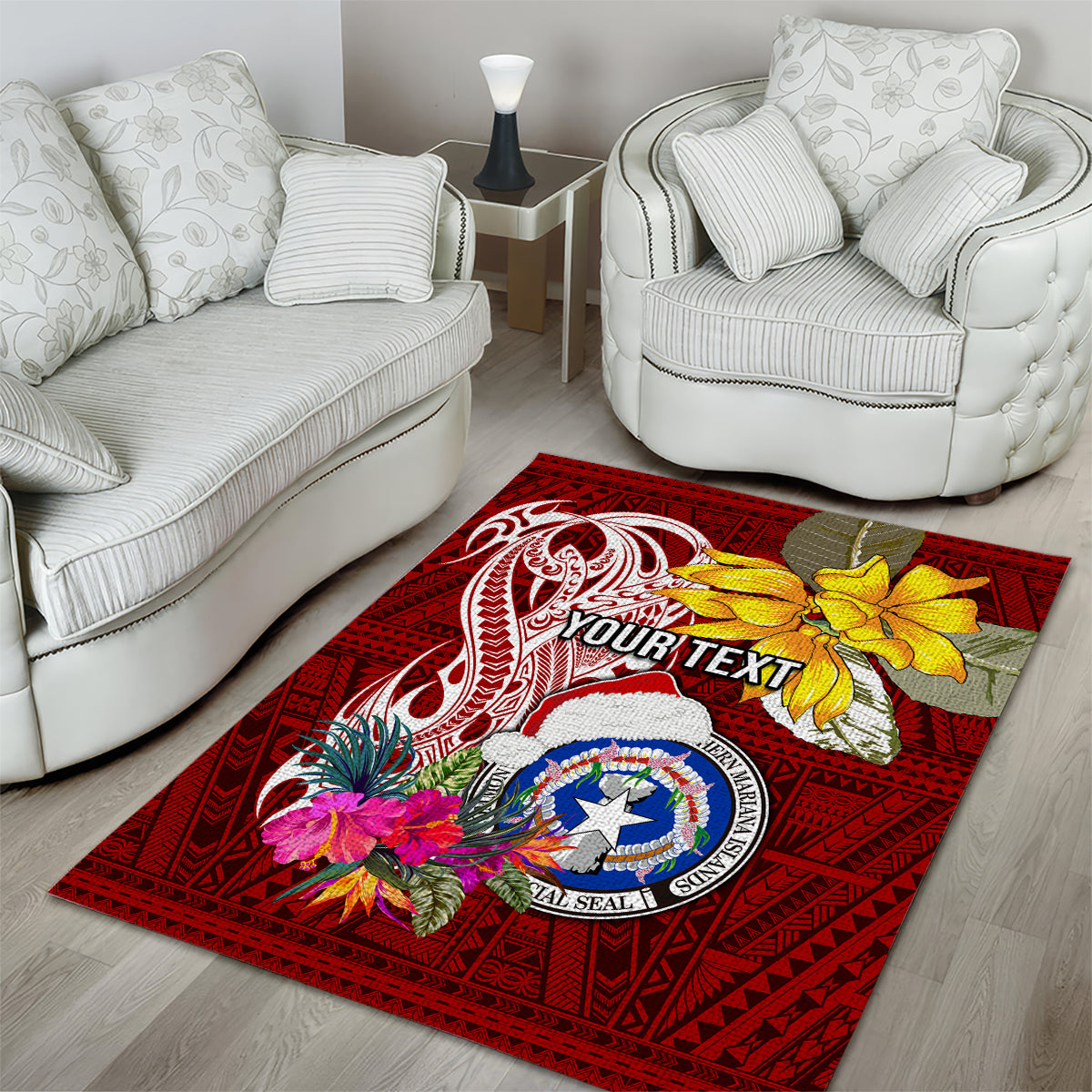 Custom Northern Mariana Islands Christmas Area Rug Funny Santa Hug Latte Stone Ylang-ylang and Polynesia Pattern Red LT03 - Polynesian Pride