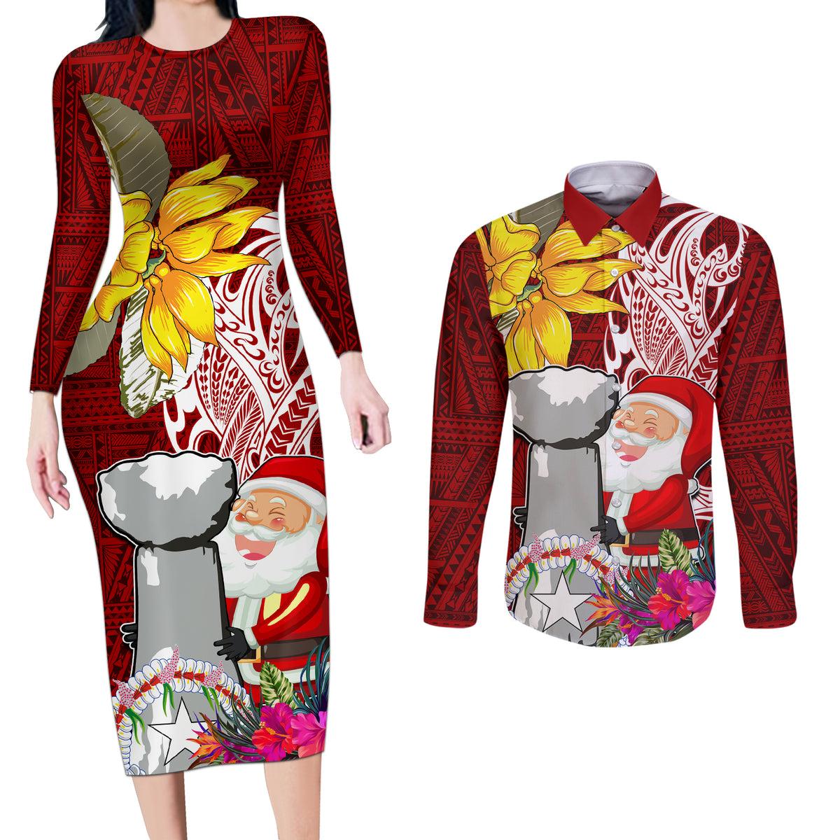 Custom Northern Mariana Islands Christmas Couples Matching Long Sleeve Bodycon Dress and Long Sleeve Button Shirt Funny Santa Hug Latte Stone Ylang-ylang and Polynesia Pattern Red LT03 Red - Polynesian Pride