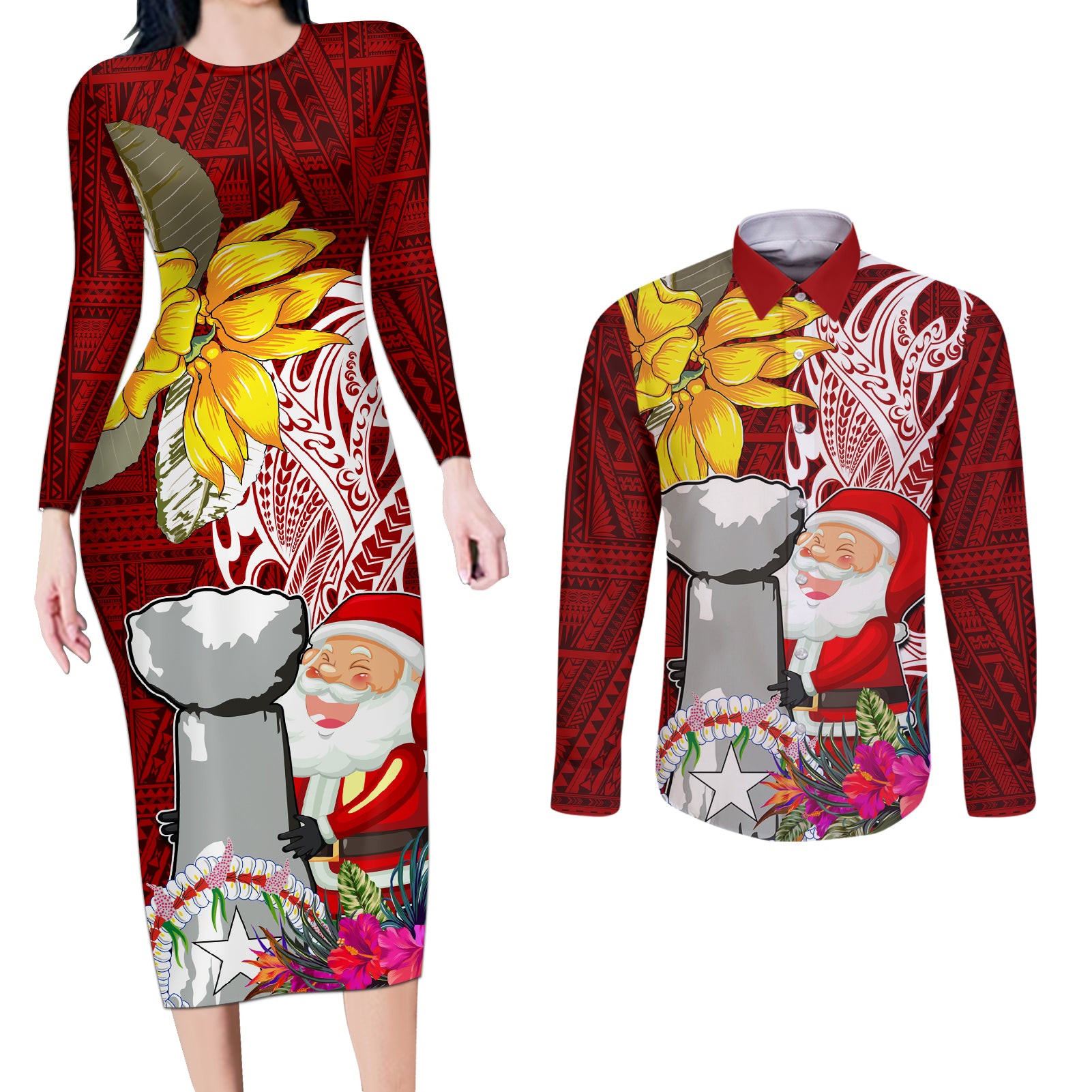 Custom Northern Mariana Islands Christmas Couples Matching Long Sleeve Bodycon Dress and Long Sleeve Button Shirt Funny Santa Hug Latte Stone Ylang-ylang and Polynesia Pattern Red LT03 Red - Polynesian Pride